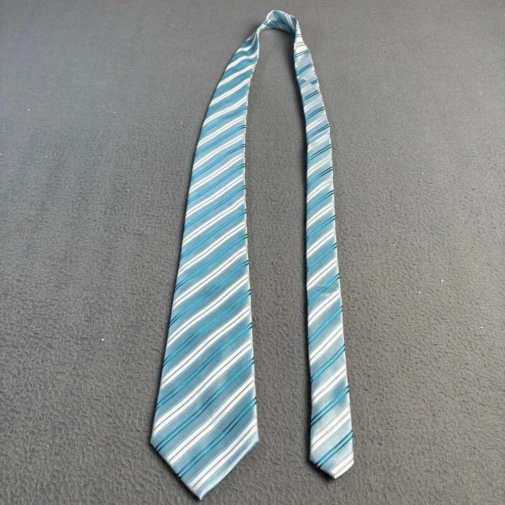 Stafford Essentials Mens Blue Teal White Diagonal Striped Polyester Necktie